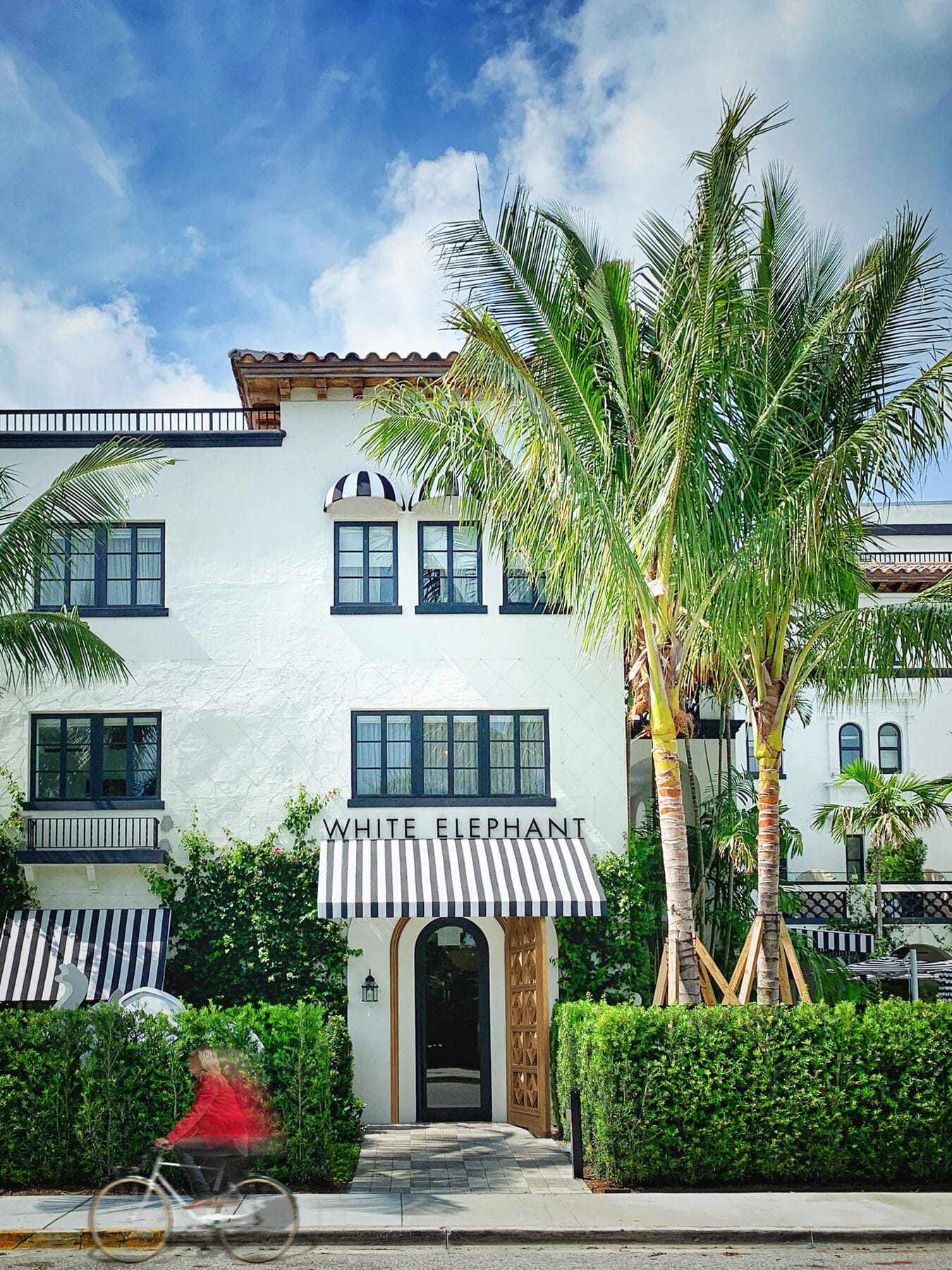 Worth Avenue in Palm Beach — white stucco, palms and bougainvillea